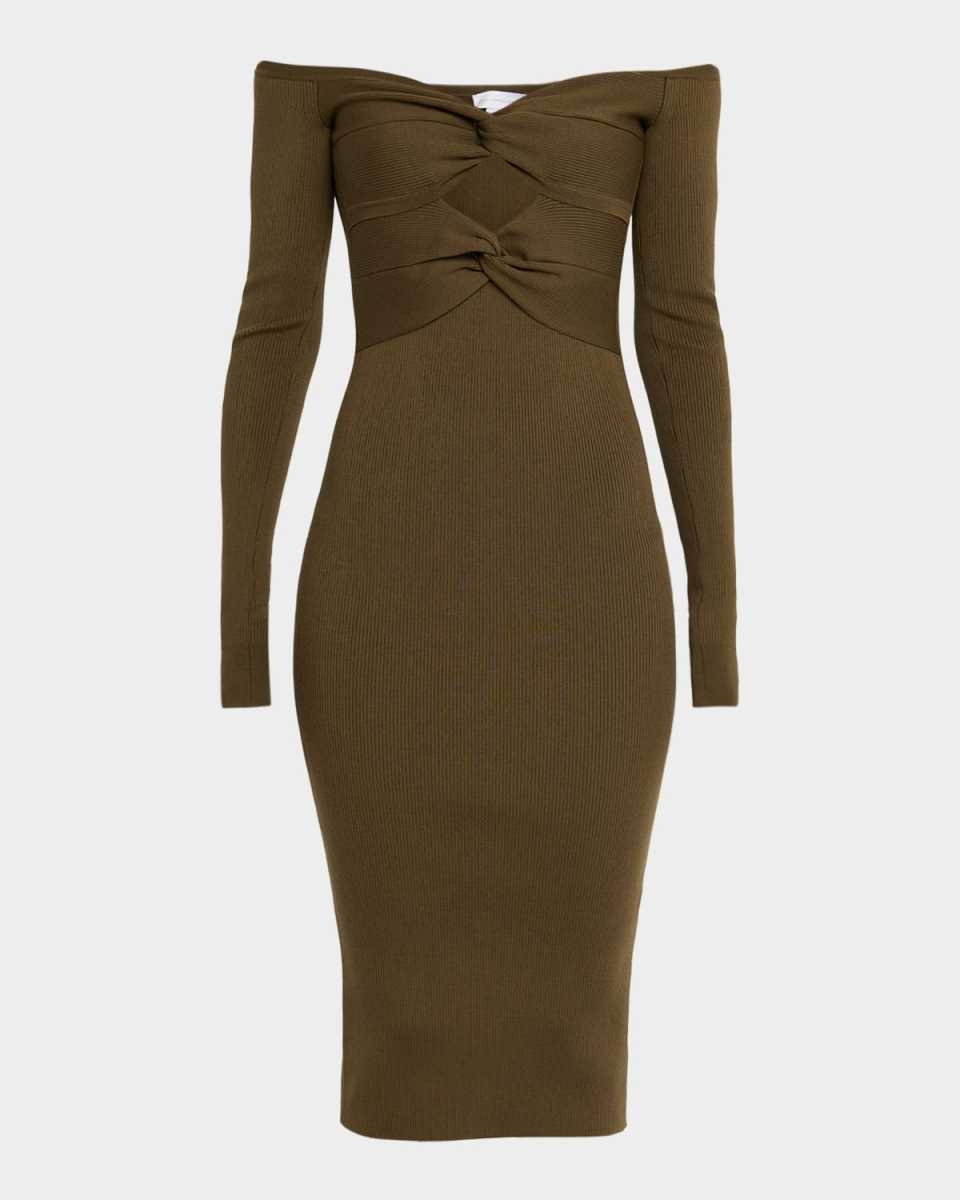 Twisted Off-The-Shoulder Light Rib Midi Dress